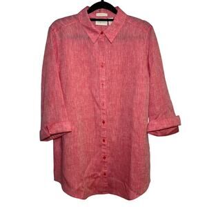 Chicos 100%‎ Linen No Iron Button Up Shirt Pink Red Coral Size 1 Collar Summer